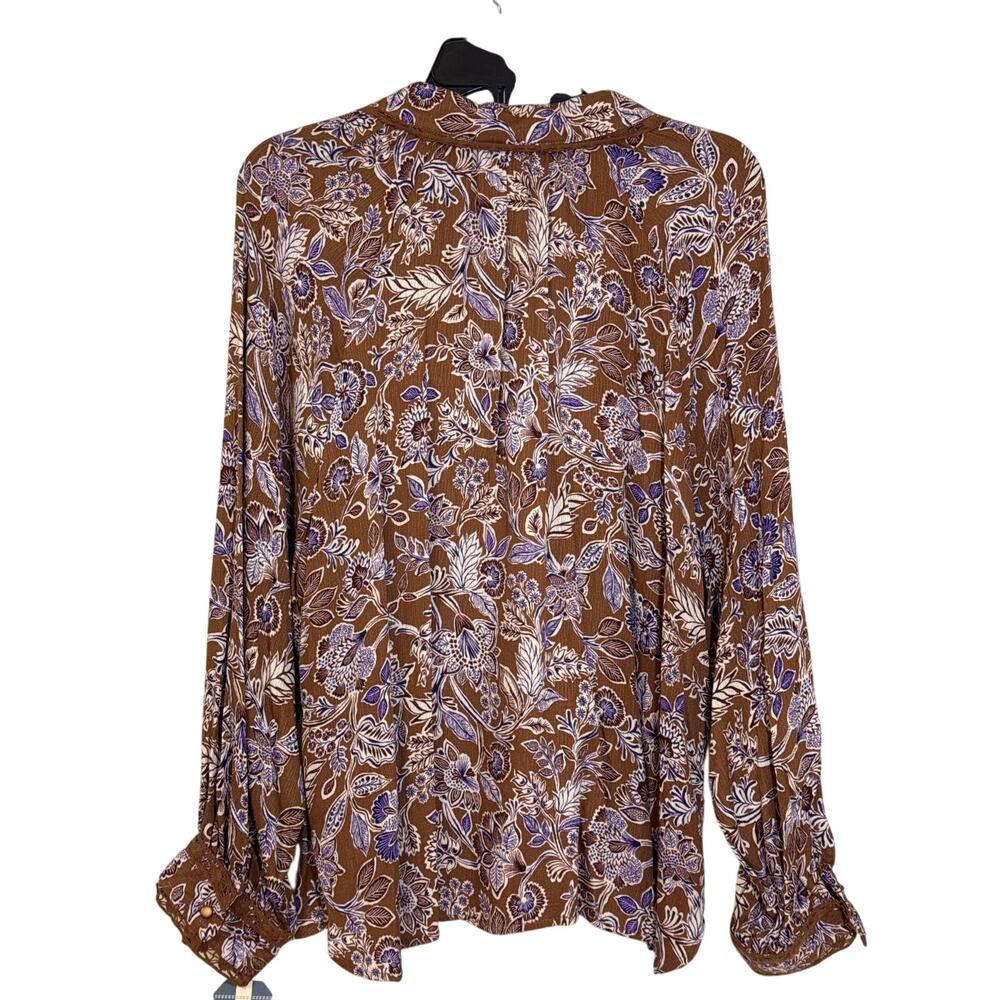NWT Democracy XL Top Long Sleeve Button Up Brown Cream Purple Floral Lace Accent - Picture 2 of 6